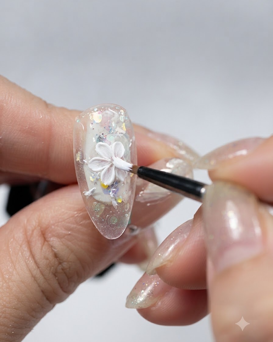 A fine brush painting a detailed white 3D plaster flower petal on a glittery clear nail tip.