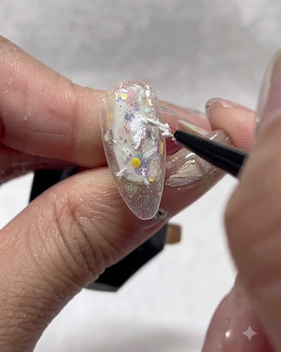 A close-up shot of a detail liner brush pulling white textured gel outward to form partial daisy petals on a nail tip.