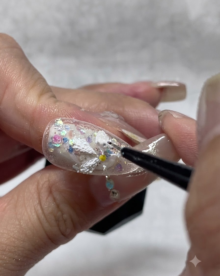 A nail artist adding extra white textured gel onto painted daisy petals to enhance 3D depth and opacity.