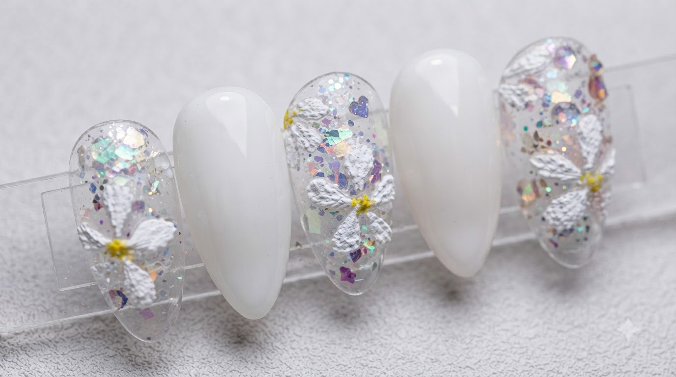 Close-up macro display of almond-shaped press-on nails featuring 3D white plaster daisies over iridescent glitter flakes and milky white accents.