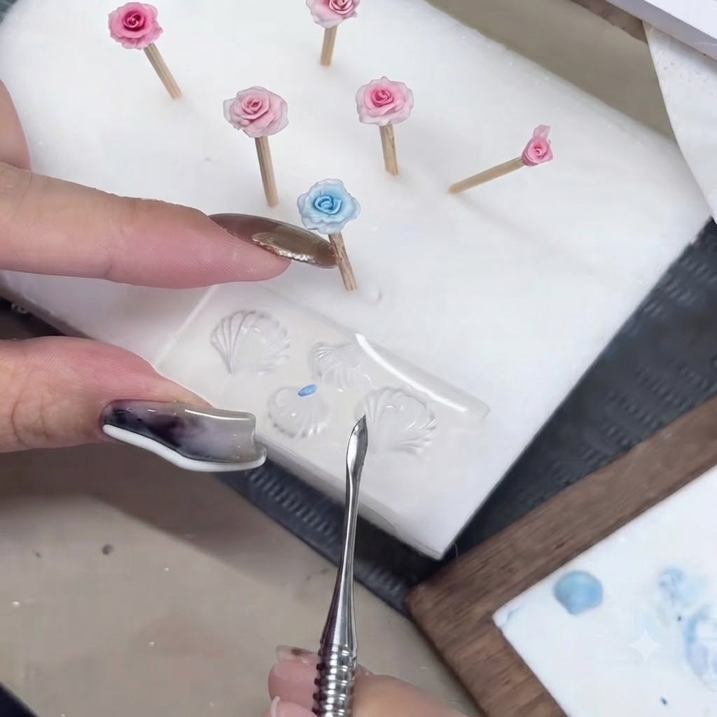 A metal sculpting tool pressing tiny blue gel beads flat on a clear silicone mold.