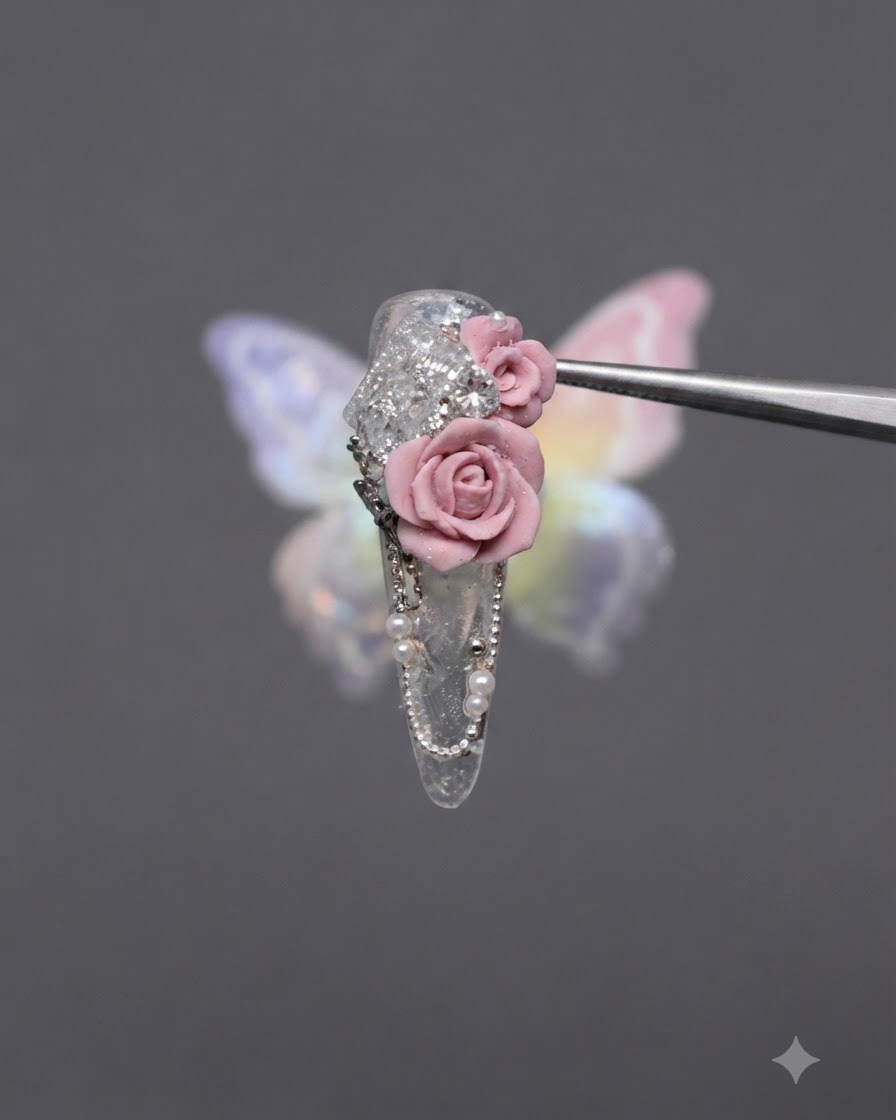 A close-up of a clear practice nail where a dot of rhinestone glue is being applied next to a sparkling rhinestone base using a precision applicator.