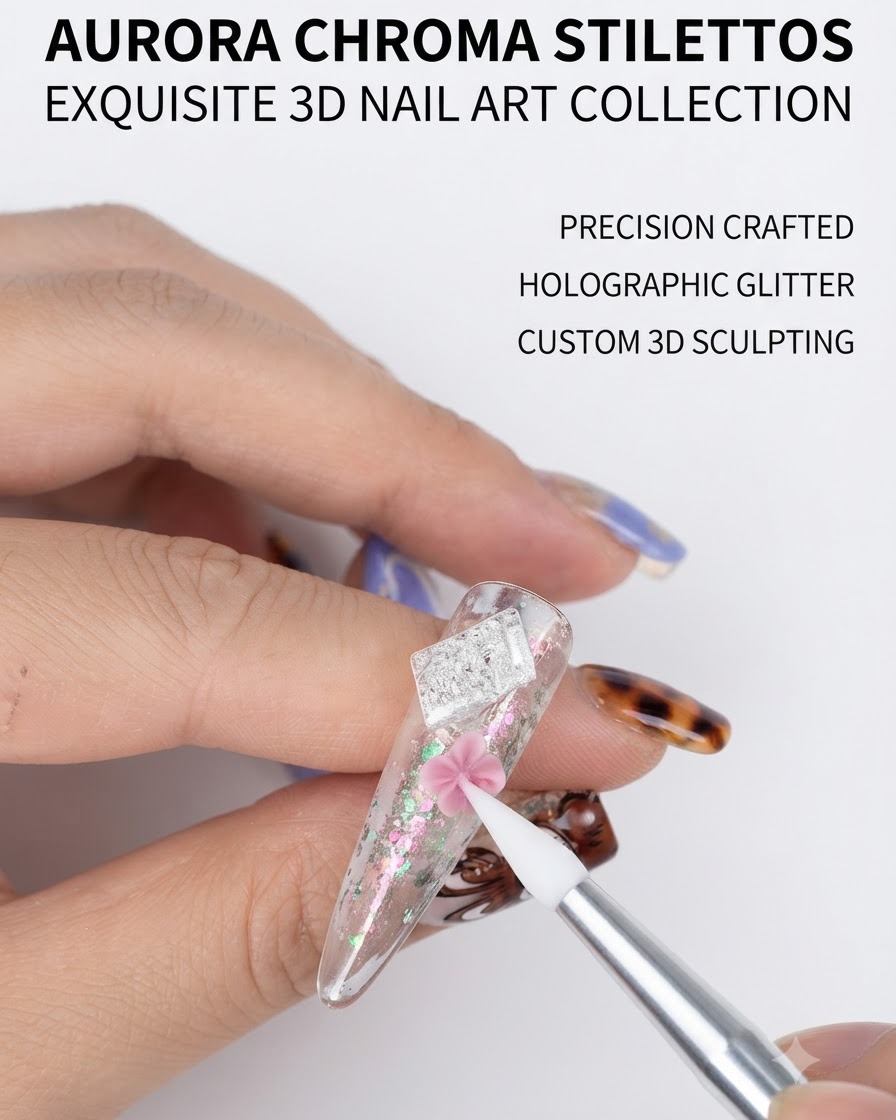A mini UV nail lamp curing a newly placed pink petal on a clear stiletto practice nail.