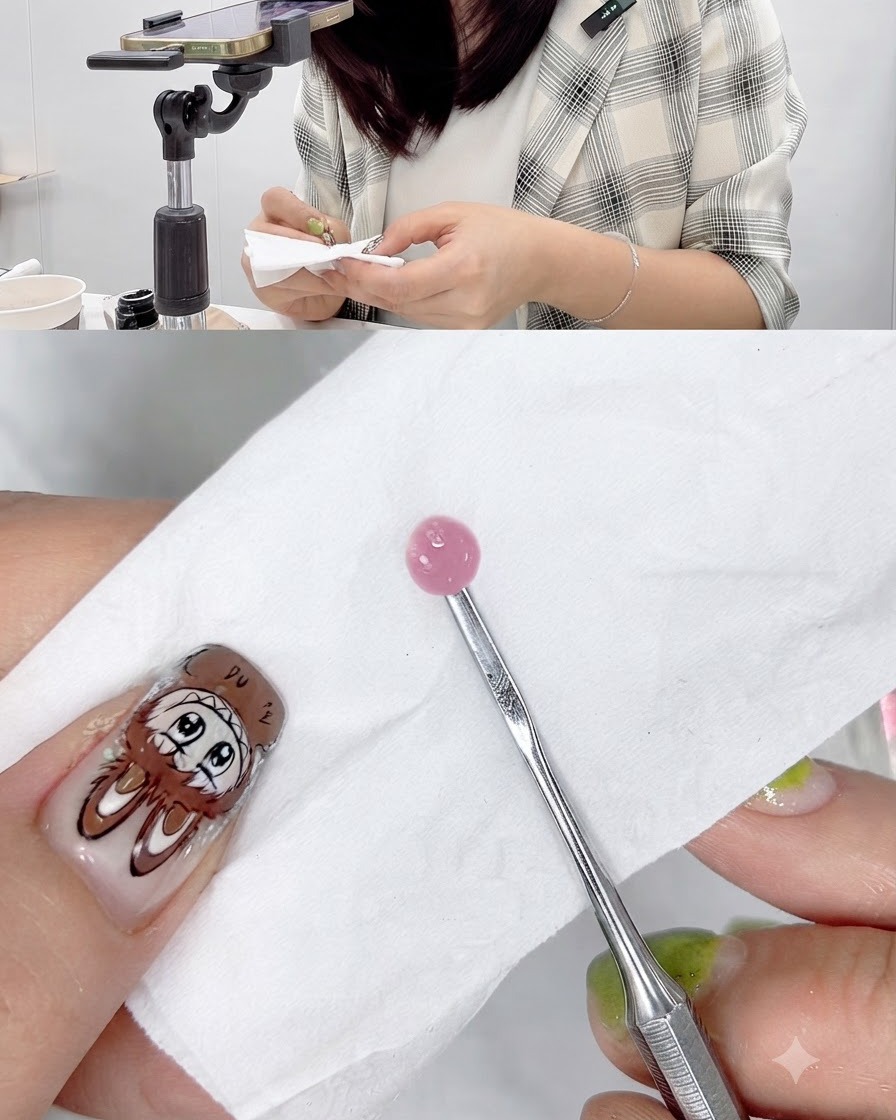 A paper tissue being used to absorb excess liquid from a pink gel ball resting on a tool.