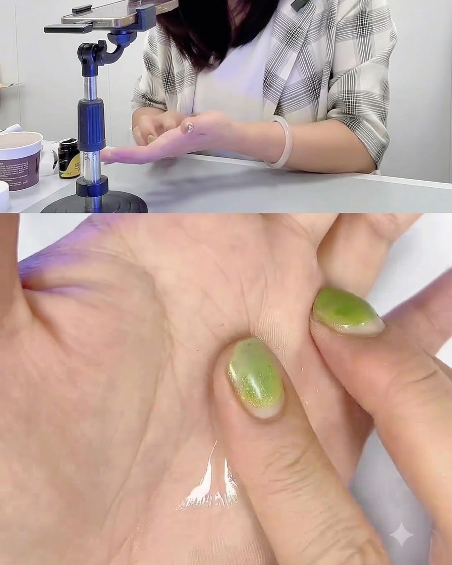 A hand wetted with cleaning water pressing a new pink gel ball onto the working hand.