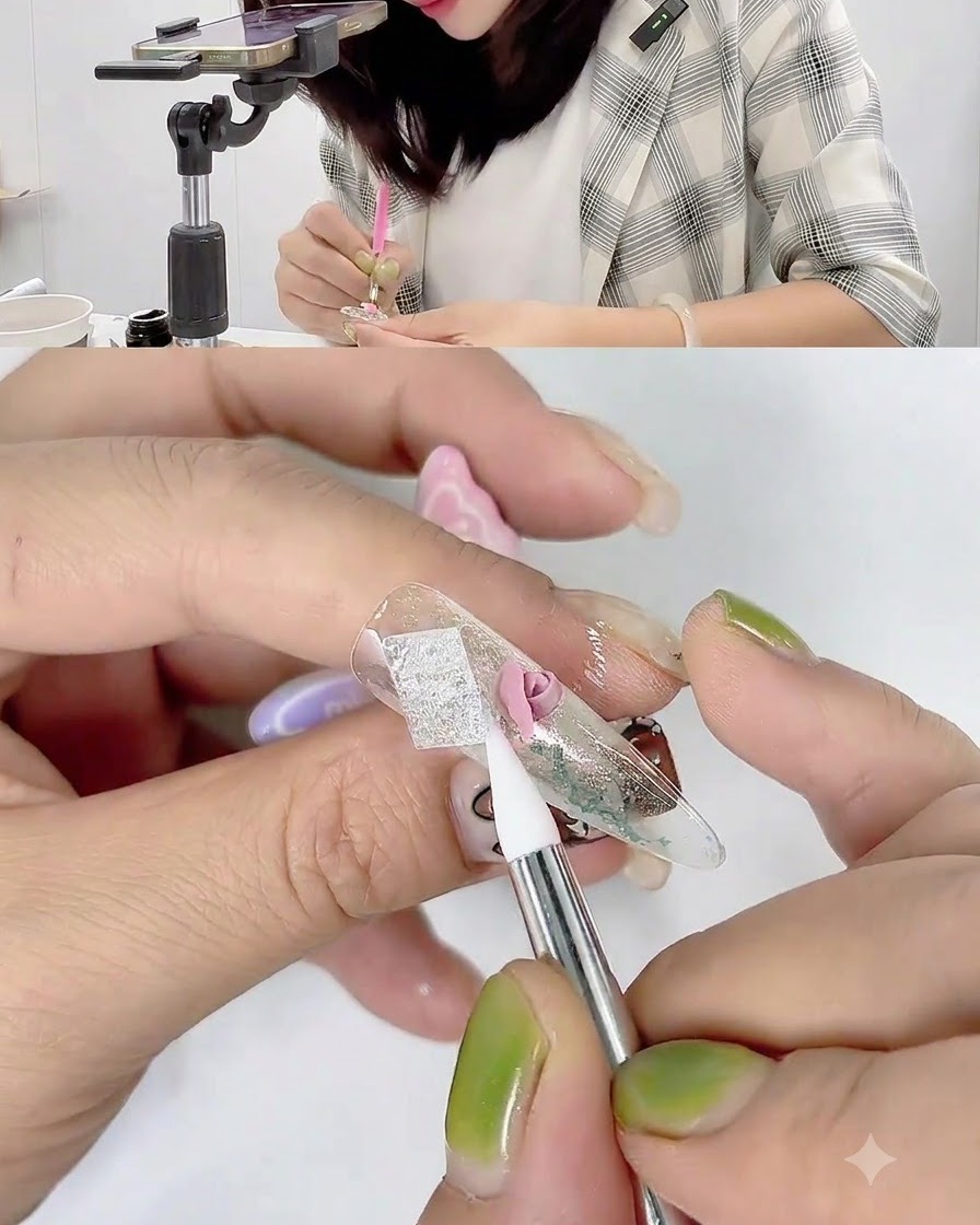 A silicone carving pen shaping and pulling back the edges of a pink gel petal on a nail.