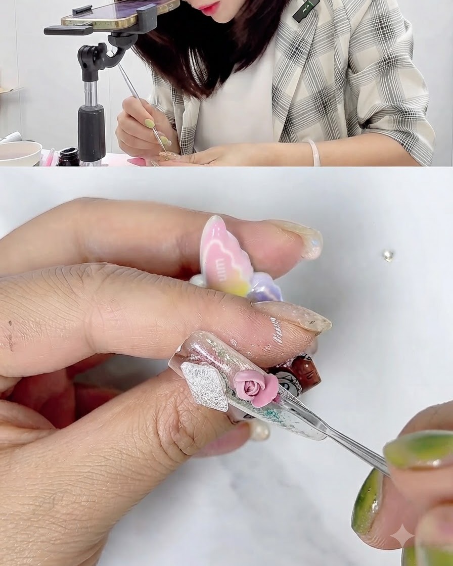 A fine detailing tool adjusting and flaring out a pink sculpting gel petal on a nail surface.