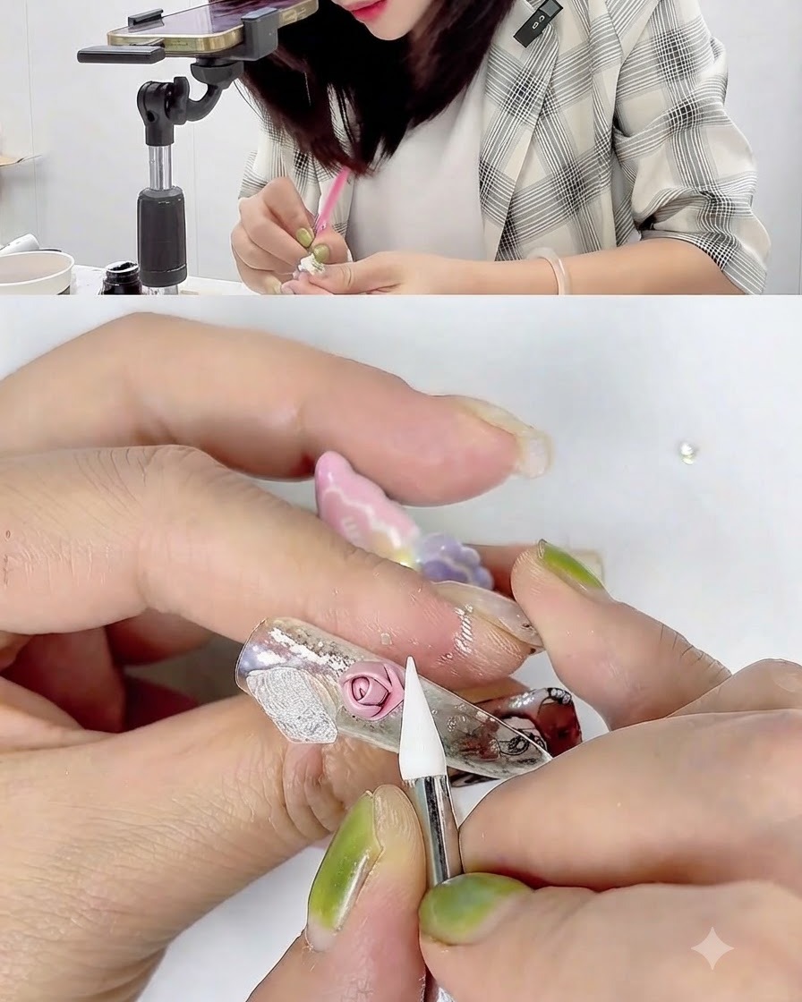 A close-up view of a silicone tool wrapping and smoothing a pink 3D gel rose petal.