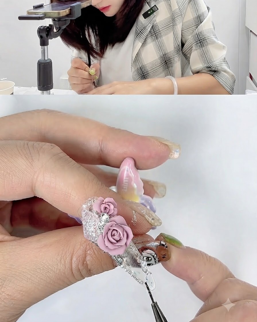 A finished nail showcasing two sculpted pink 3D roses arranged side by side with rhinestone accents.