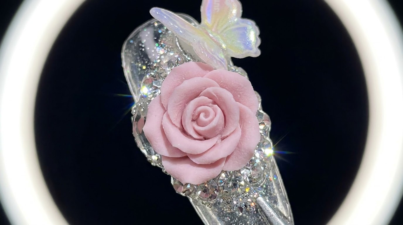 3D Sculpted Rose and Diamond Accents Nail Art — Step-by-Step Tutorial