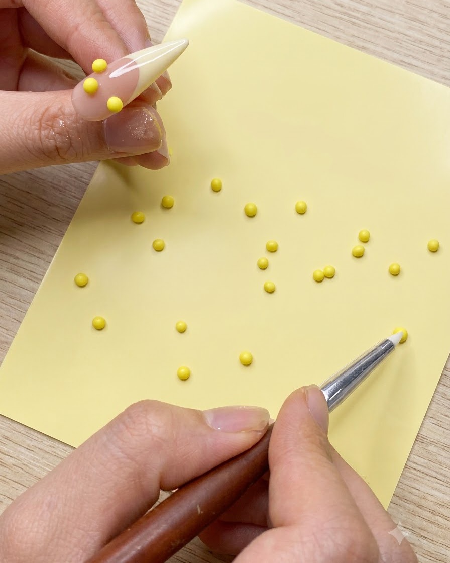 Five small yellow gel balls arranged in a circle on a practice nail tip.
