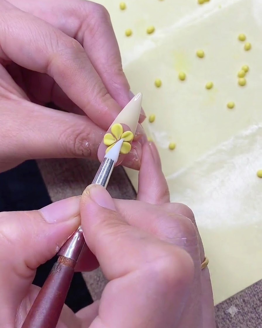 A close-up view of a silicone tool refining the center of a completed 3D yellow flower on a nail.