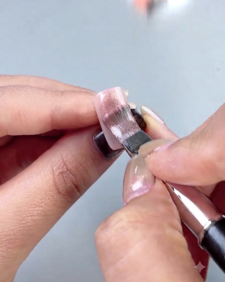 A brush spreading water-clear translucent gel evenly across the nail.