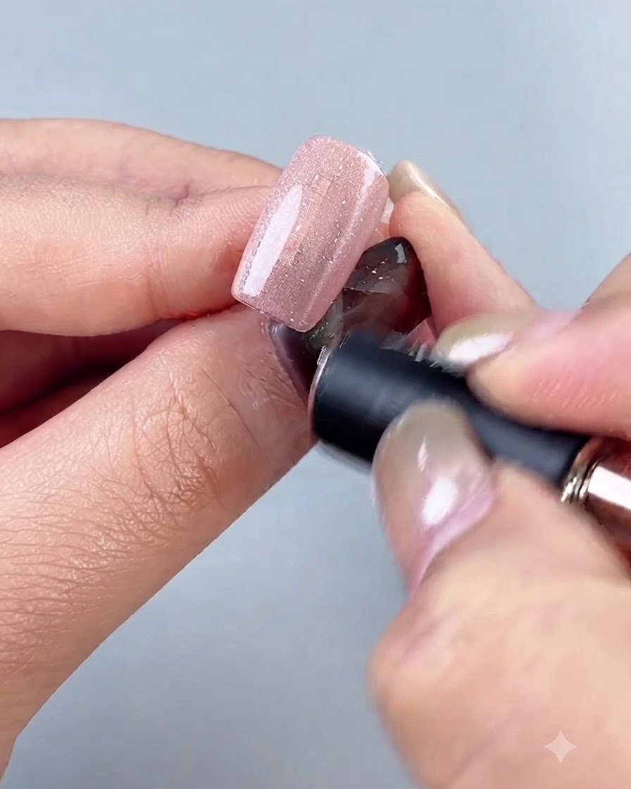 A magnetic wand being held close around a gel-coated nail to shape the magnetic particles.