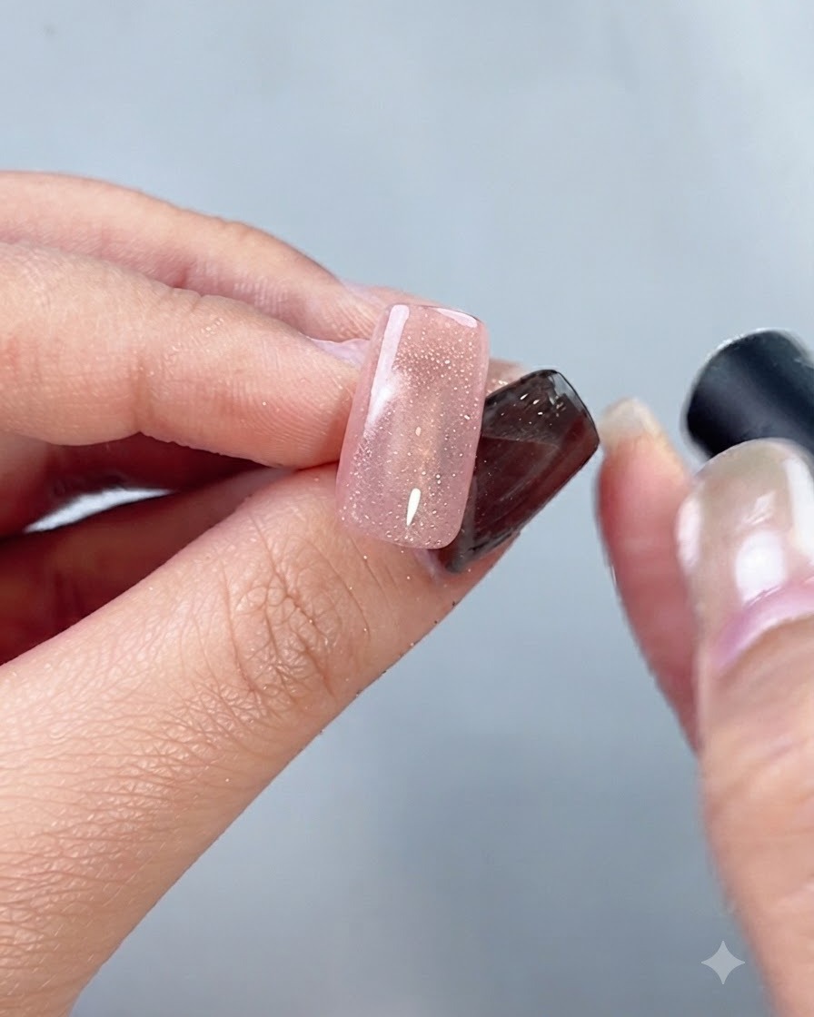 A close-up view of a nail showing a reflective glass bead cat-eye effect under bright light.