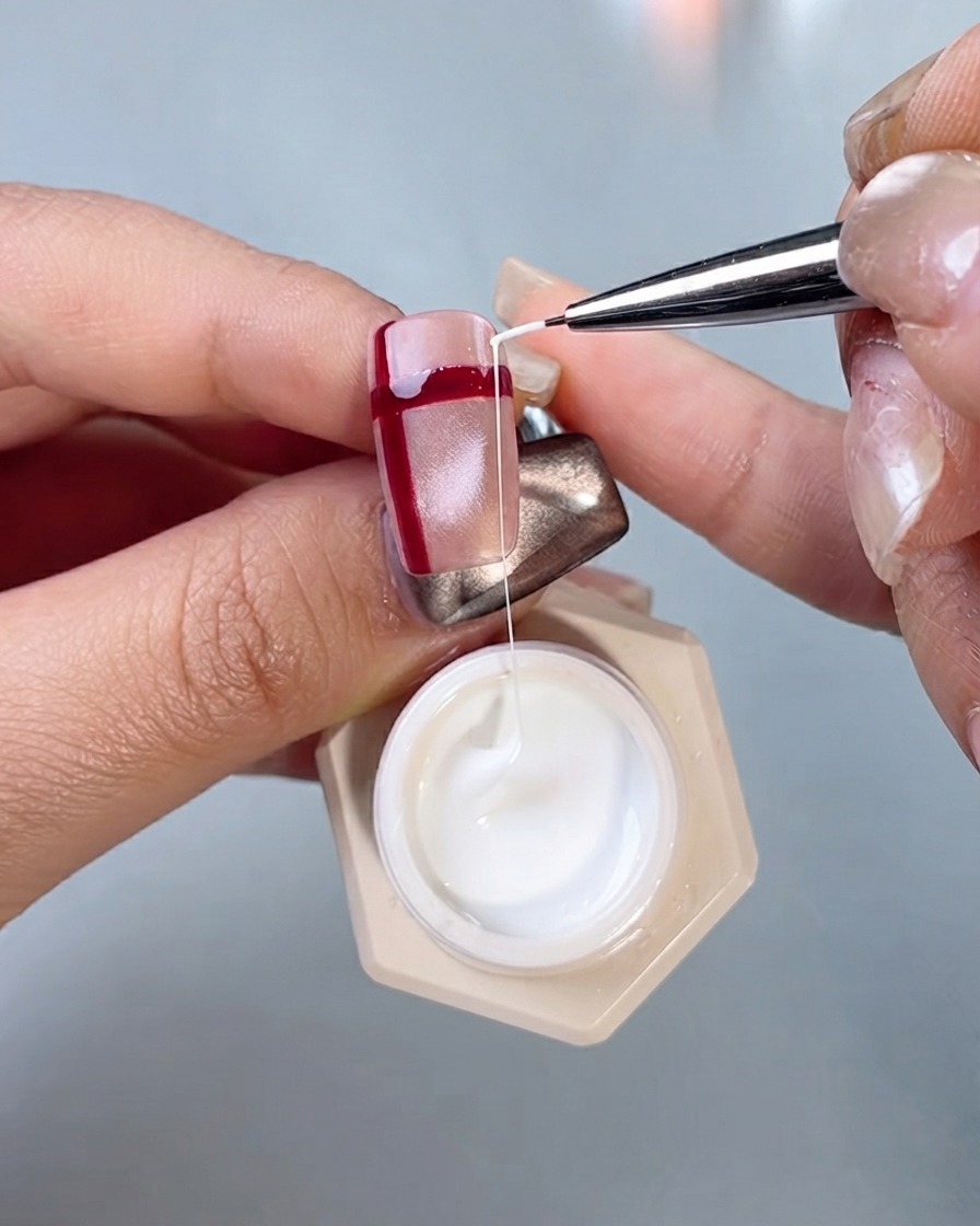 A detailed nail art brush pulling a strand of white silk gel to cross-draw lines on a red-lined nail.