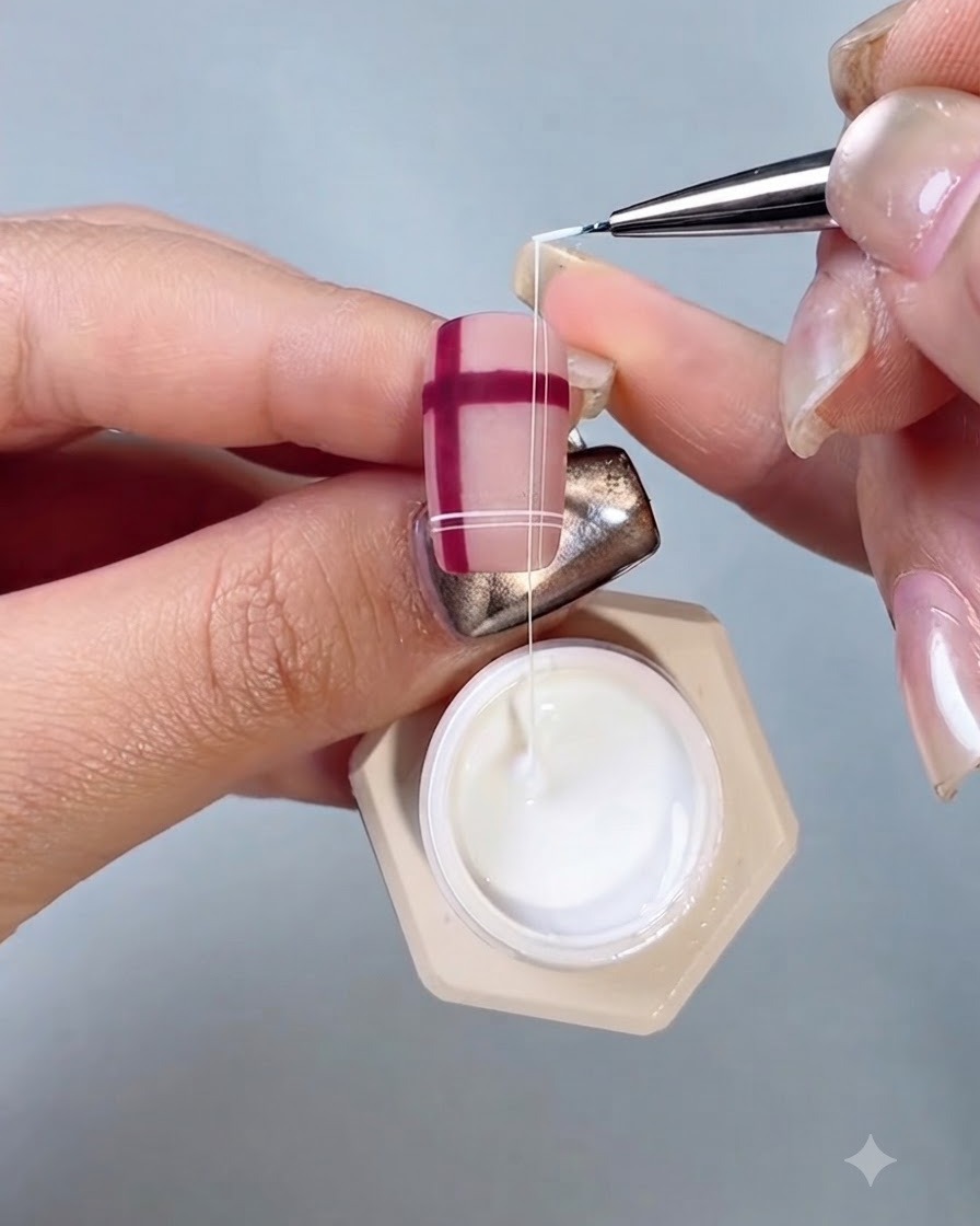 A fine nail art brush drawing thin white lines with silk gel over a red plaid pattern on a nail.
