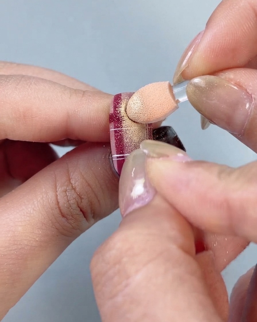An eyeshadow sponge applicator gently dabbing light gold metallic powder onto a red and white plaid nail.