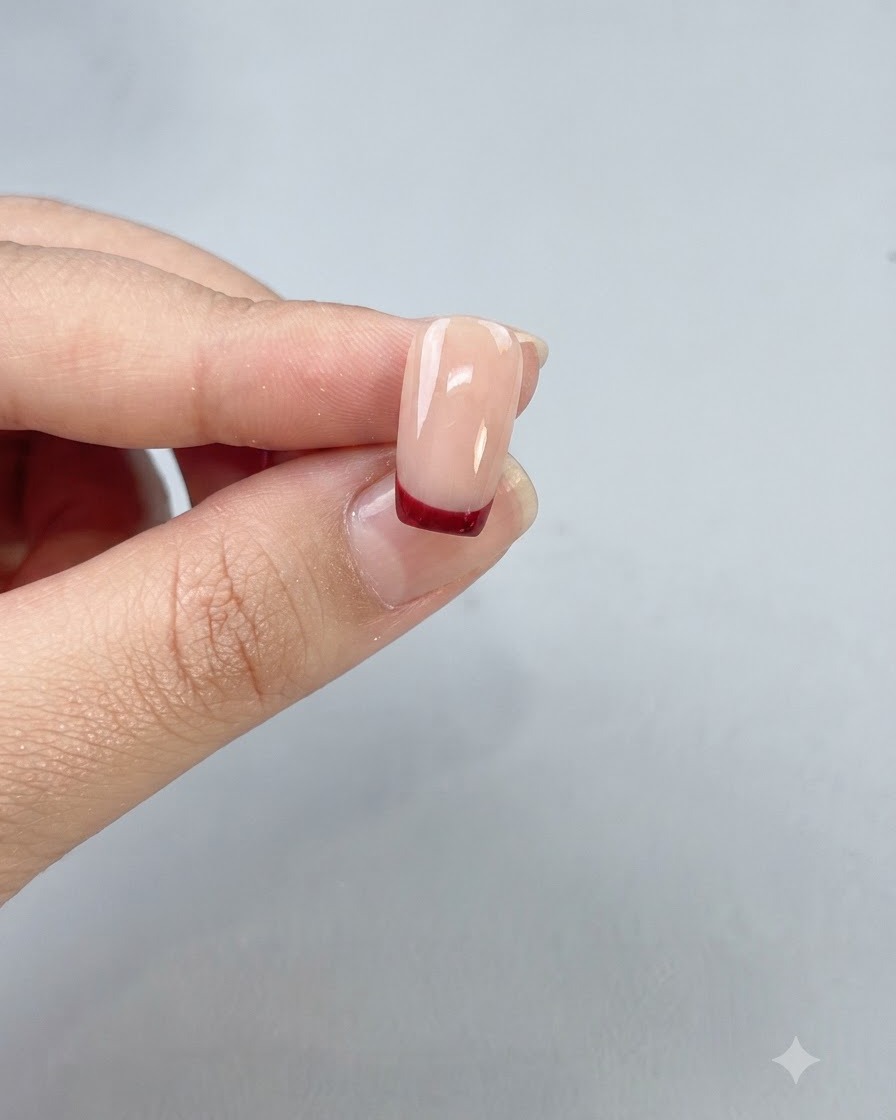 A finished nail with a clean ox blood red French tip sealed under a glossy top coat.