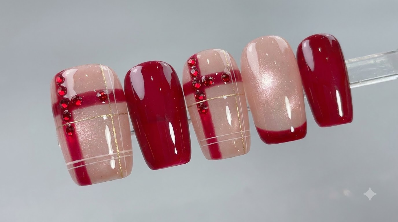 Close-up display of five finished press-on nails featuring red crystal lattice patterns, translucent cat-eye bases, and French tips on a grey background.