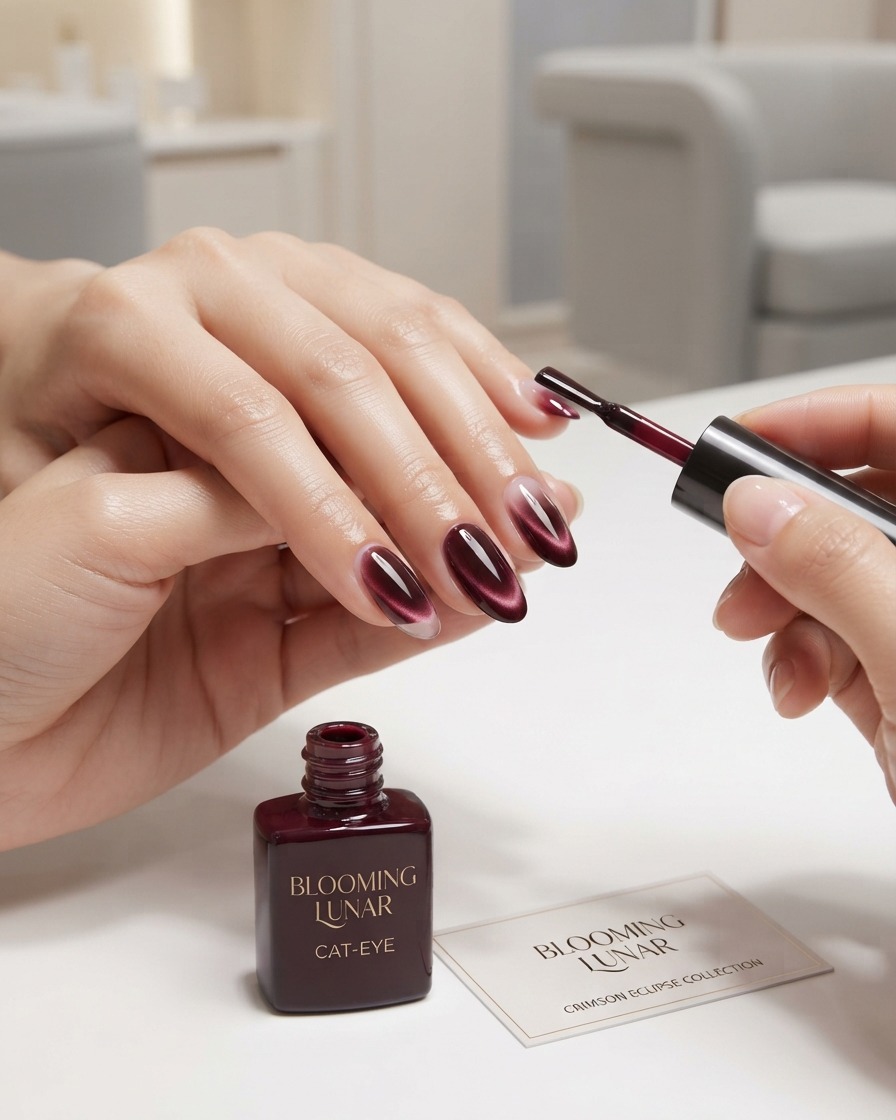 A hand holding a bottle of deep red gel polish while applying the color to the tip of an almond-shaped nail using the bottle brush.