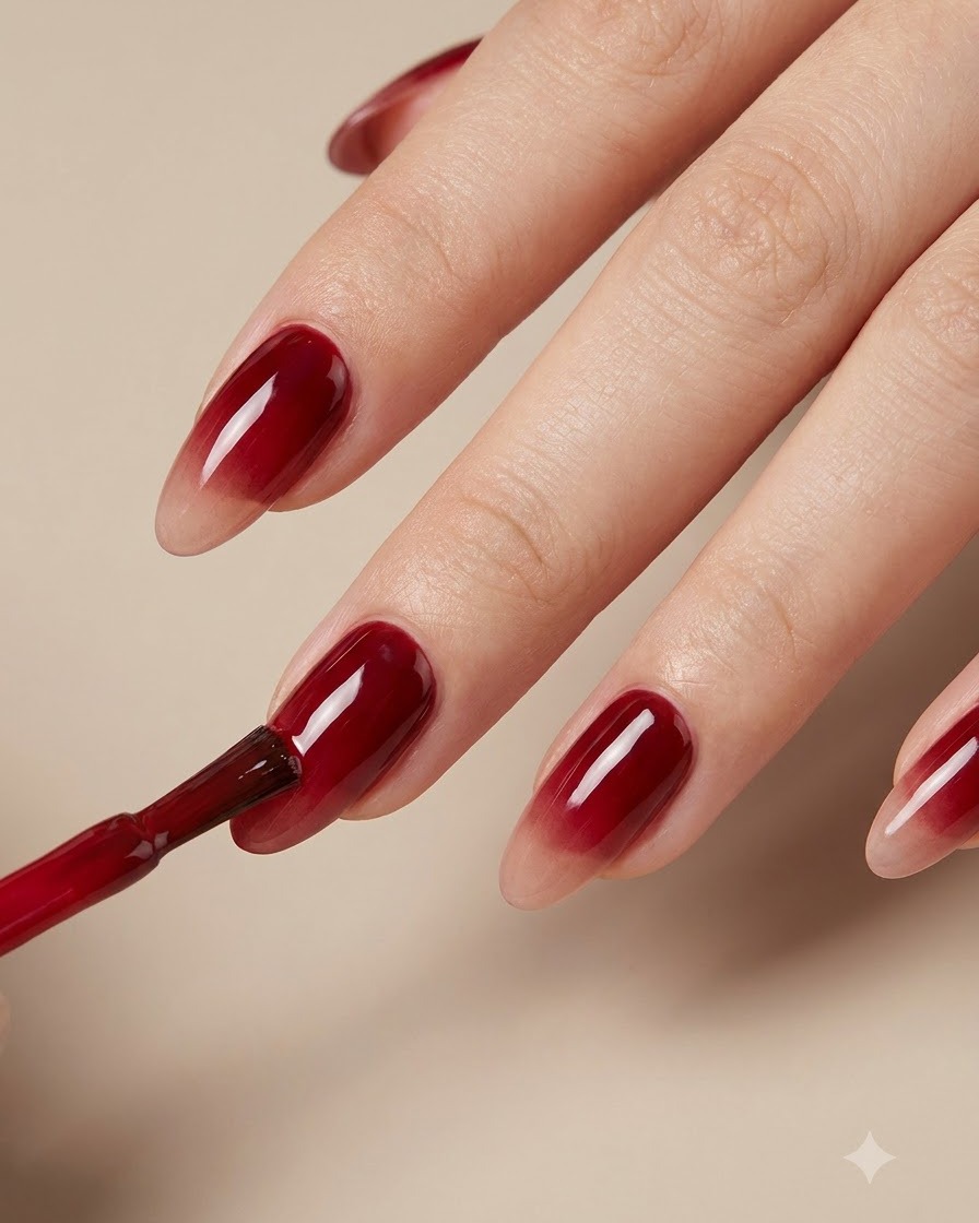 A fine liner brush precisely shaping the curved red gel boundary on a manicured fingernail.
