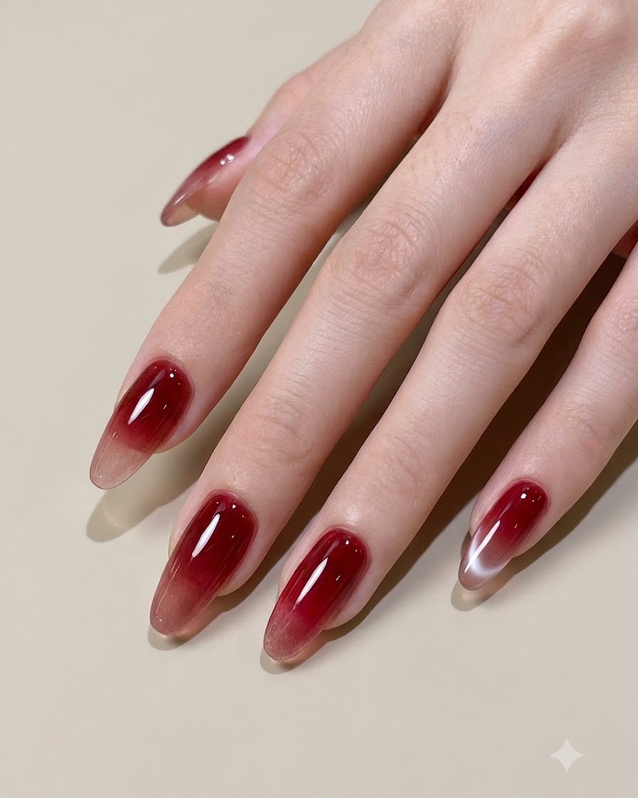 A flatombre blending brush softening the inner edge of a red gel gradient on a fingernail.