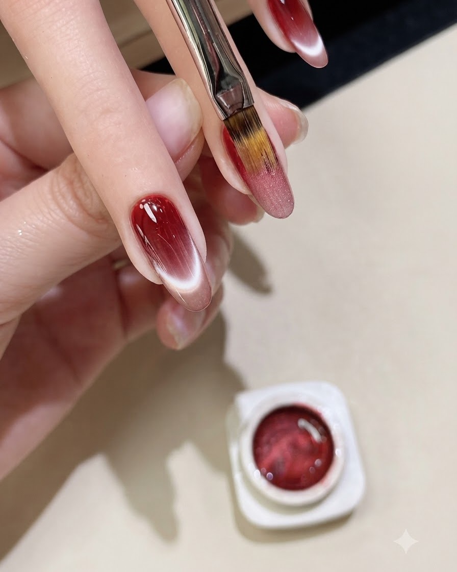 A flat gel brush applying sparkling magnetic cat-eye gel directly over the red gradient nail.