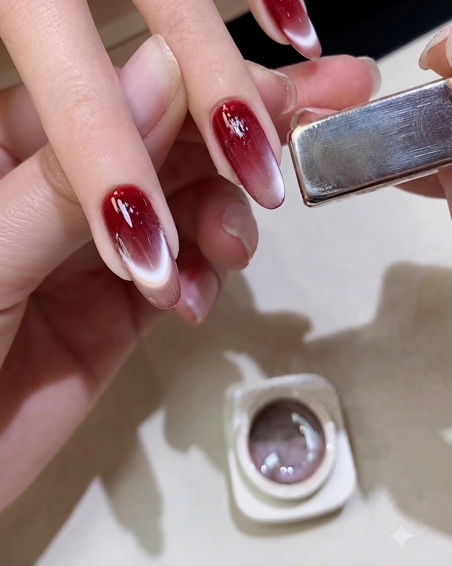 The tip of a flat brush smoothing and evening out cat-eye gel over a red gradient nail.