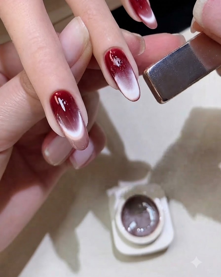 A rectangular metallic magnet held diagonally near a clients fingernail to shape the magnetic shimmer.