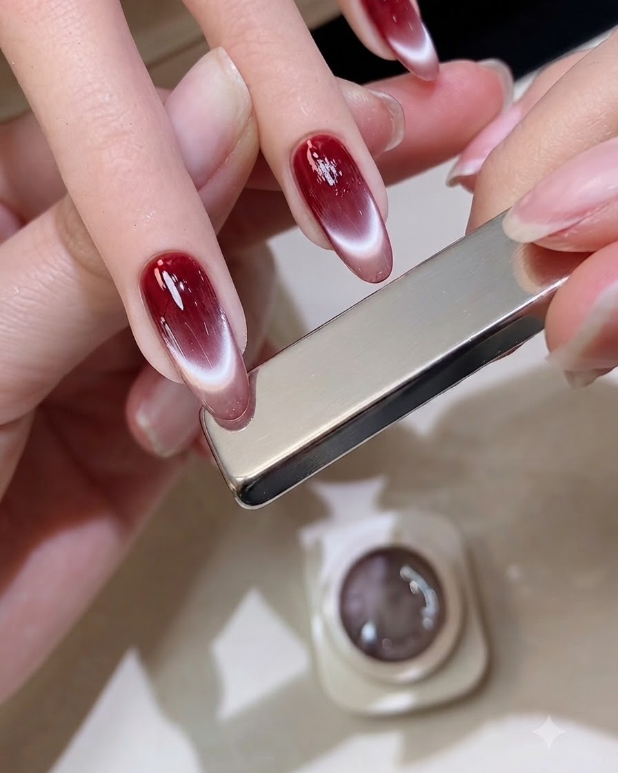 A close-up of hands holding a silver rectangular magnet horizontally over a red gradient nail to shape a French cat eye tip.