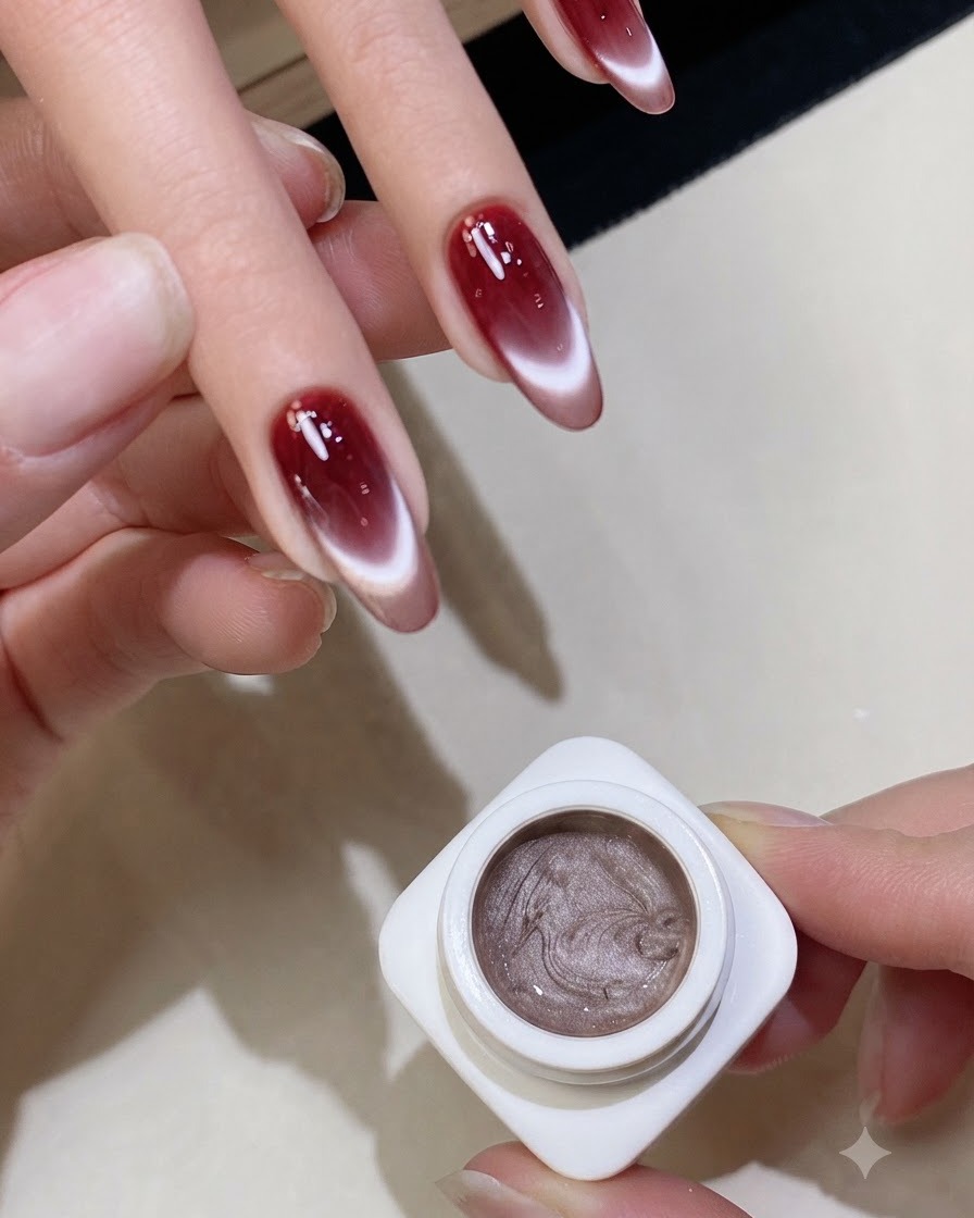 A brush applying a final layer of clear top coat over finished red gradient and cat-eye nails.