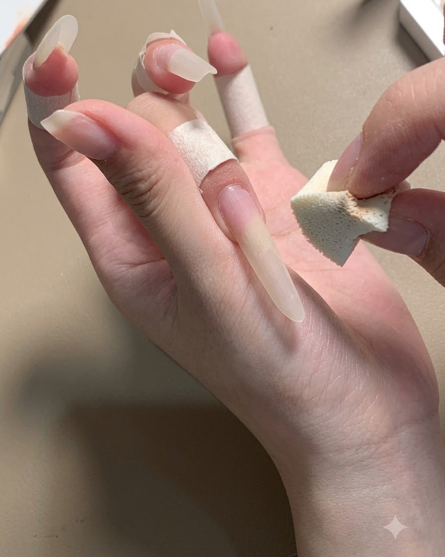 A hand holding a small sponge near a long stiletto nail wrapped with protective tape.
