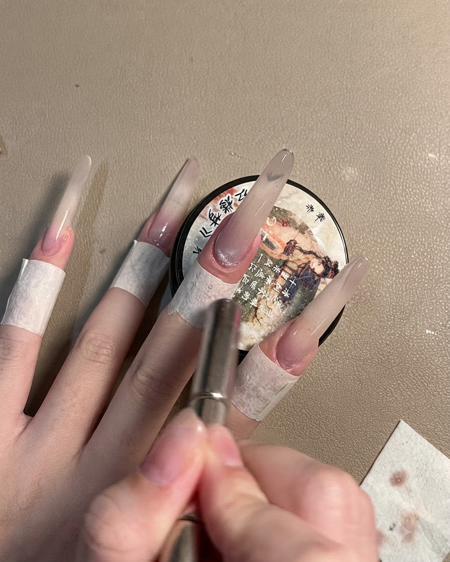 A hand using a magnetic wand over a grey cat-eye shimmer gel applied to a long stiletto nail.