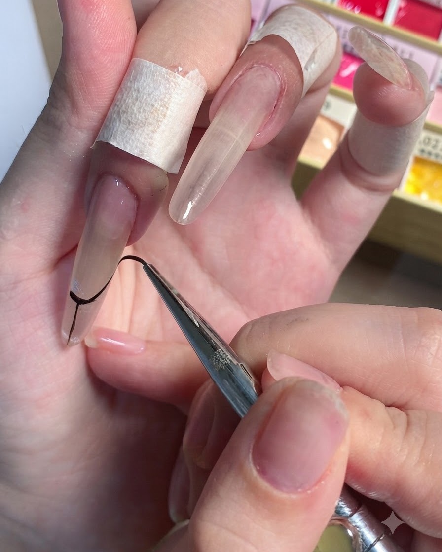 A fine liner brush drawing a curved black smile line outline on a long stiletto nail.