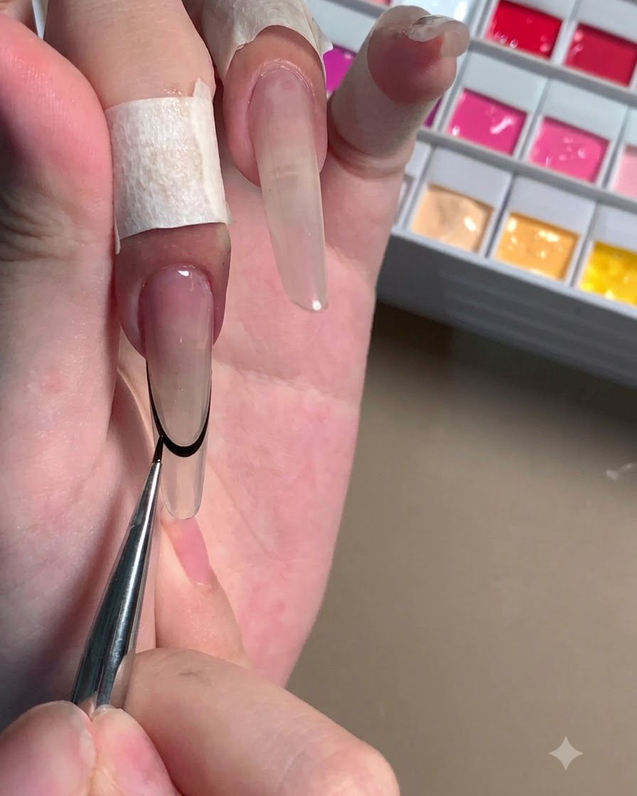 A fine brush refining the black French tip outline on a long stiletto nail.