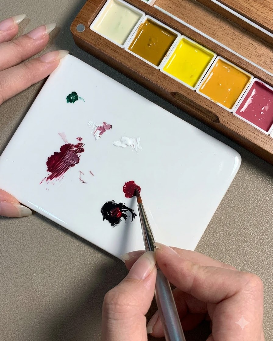 A brush touching a dot of black gel near a dab of red gel on a white mixing palette to combine them.