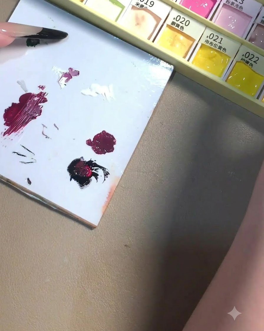 A fully mixed swath of deep plum-colored gel resting on a white mixing palette alongside a few other gel dots.
