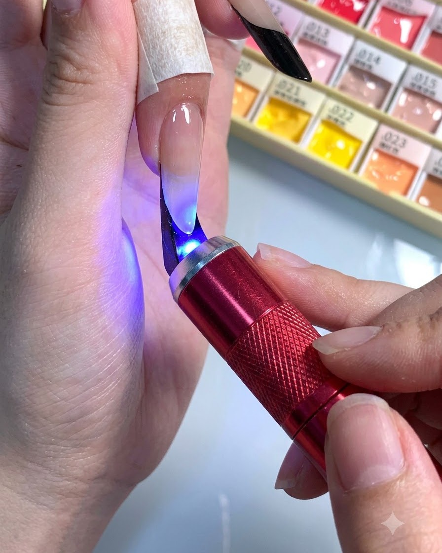 A handheld pink UV flashlight curing gel art on a stiletto fingernail.