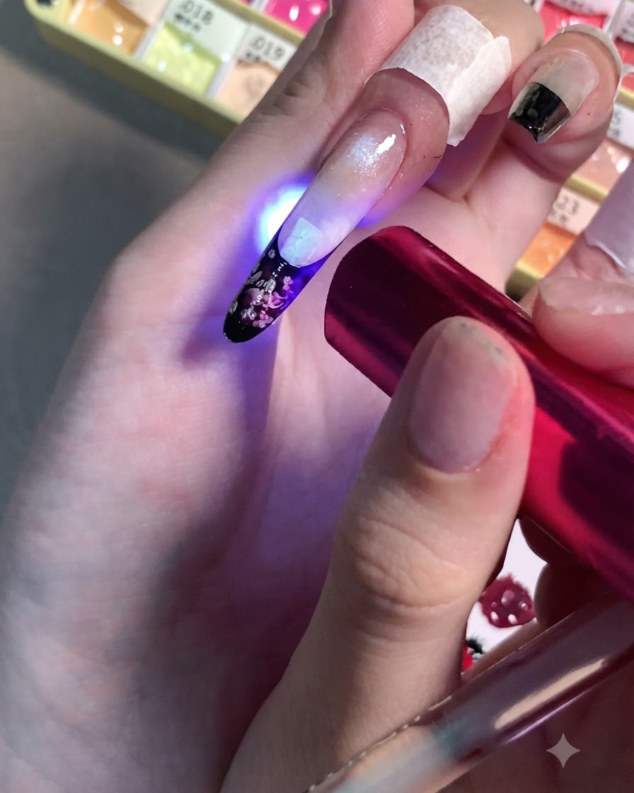A hand holding a mini red LED lamp over a fingernail to cure the newly painted light pink floral details.