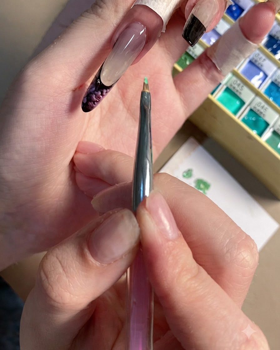 A close-up of a fine liner brush holding green gel paint, positioned above a nail with finished plum roses.