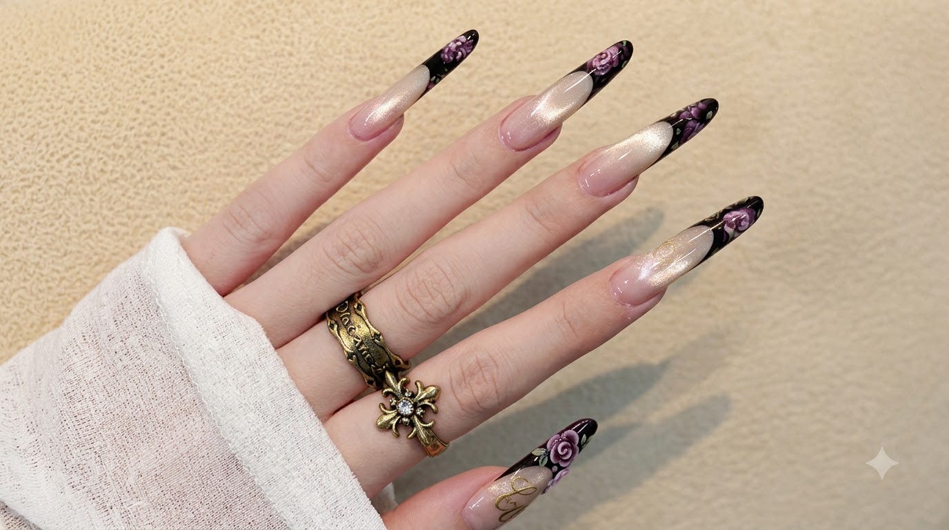 Dark Floral Black French Tip & Cat-Eye Stiletto Nails — Step-by-Step Tutorial