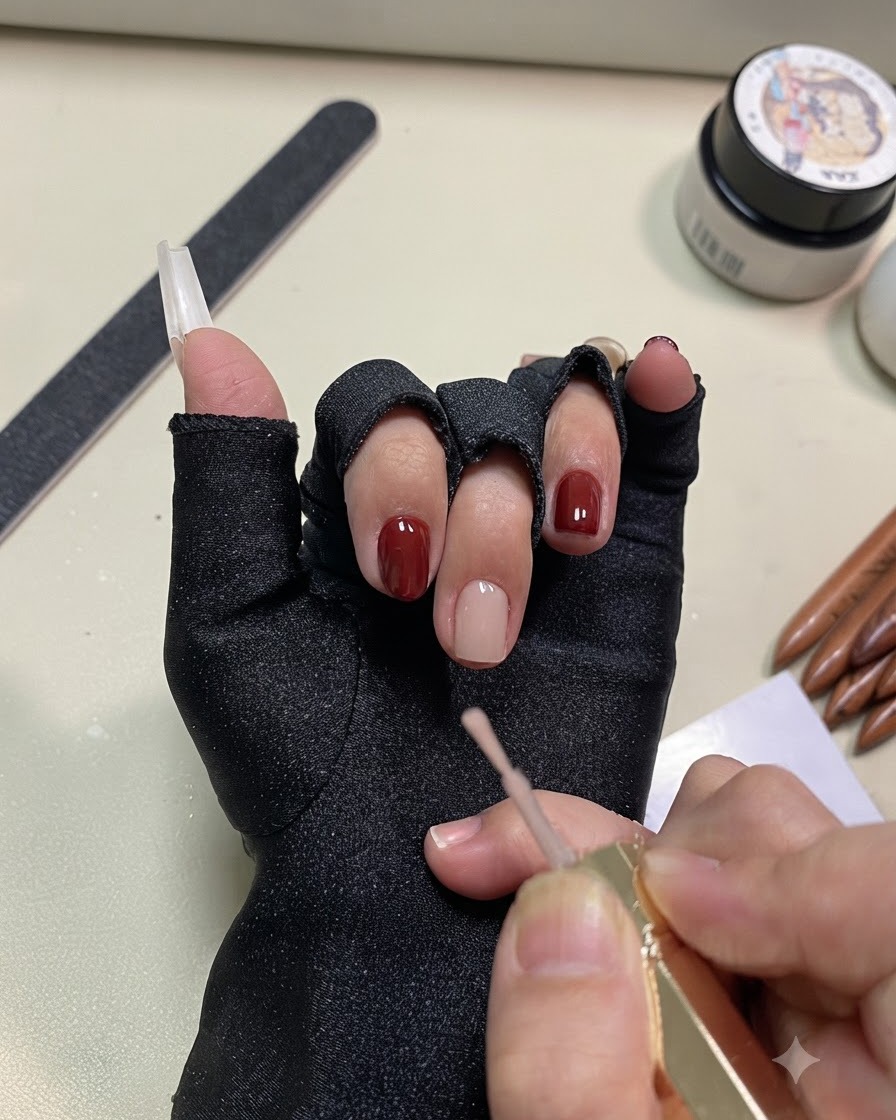 A close-up shot of a brush applying nude colored gel polish onto a fingernail.