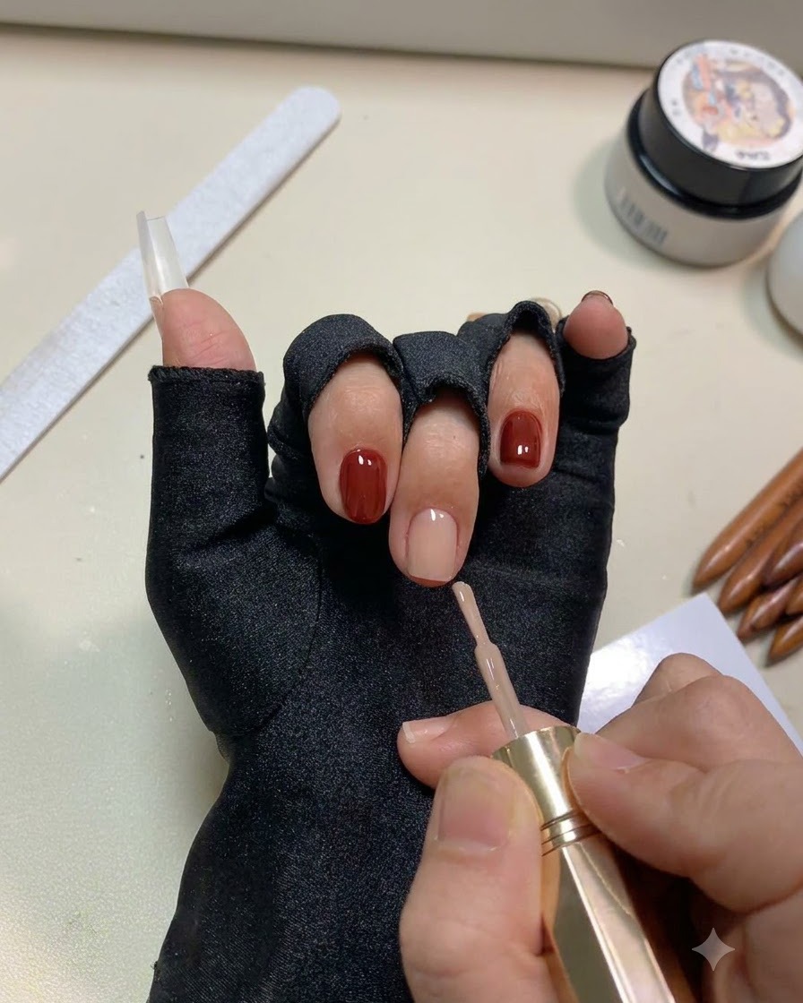 A hand resting inside a UV nail curing lamp with the nude base coat curing under the light.