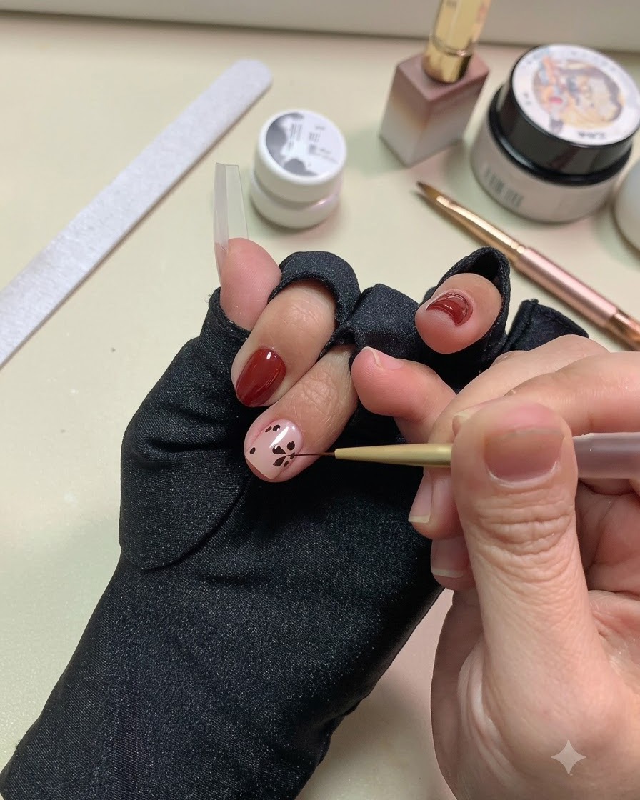 A fine liner brush pulling lines from the black dots to create pointed leaf shapes on the nail.