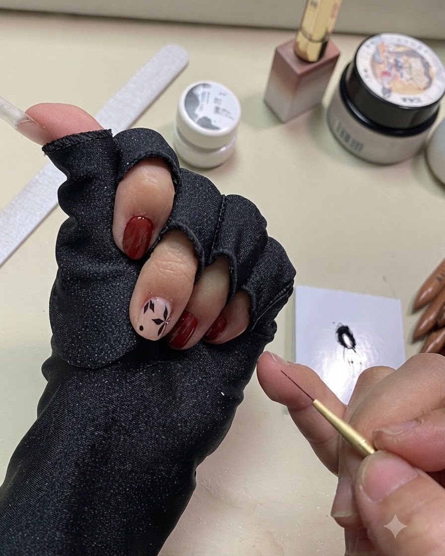 A close-up view of the hand holding a liner brush with the completed black leaf nail art cured on the fingernail.