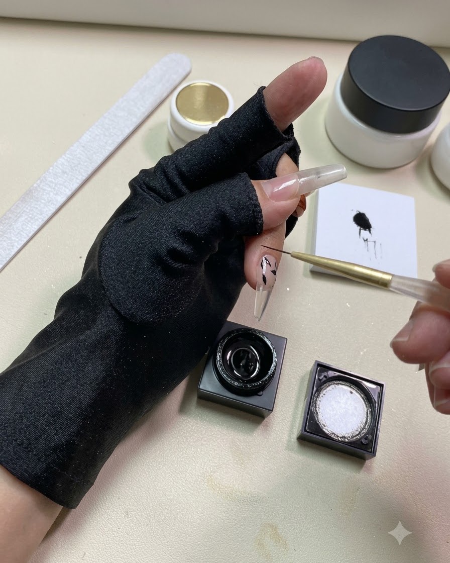 A close-up of a liner brush dipping into black pulling gel next to a nail with painted leaf designs.