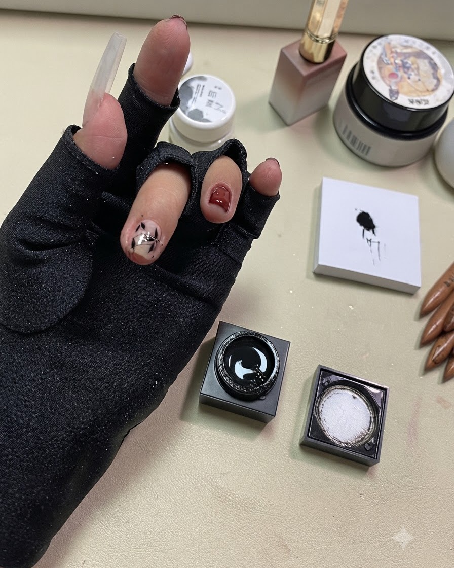 A cotton pad wiping away sticky residue around the finger and nail edges.