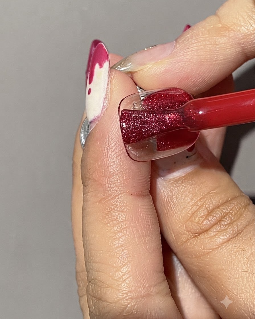 A close-up of a brush applying red glittery cat eye gel polish onto a clear nail tip.