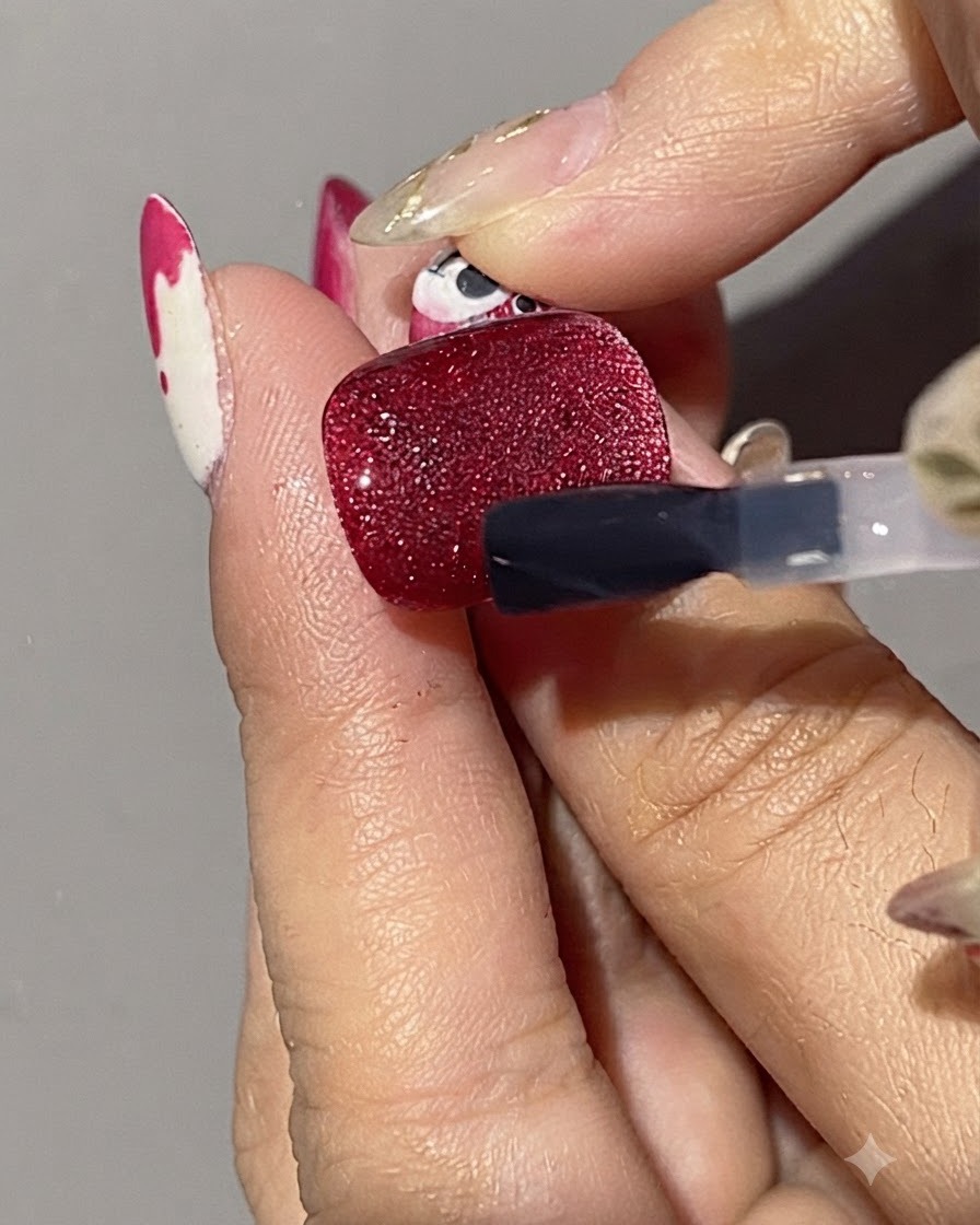 A brush applying a matte top coat over a textured red cat eye gel nail.